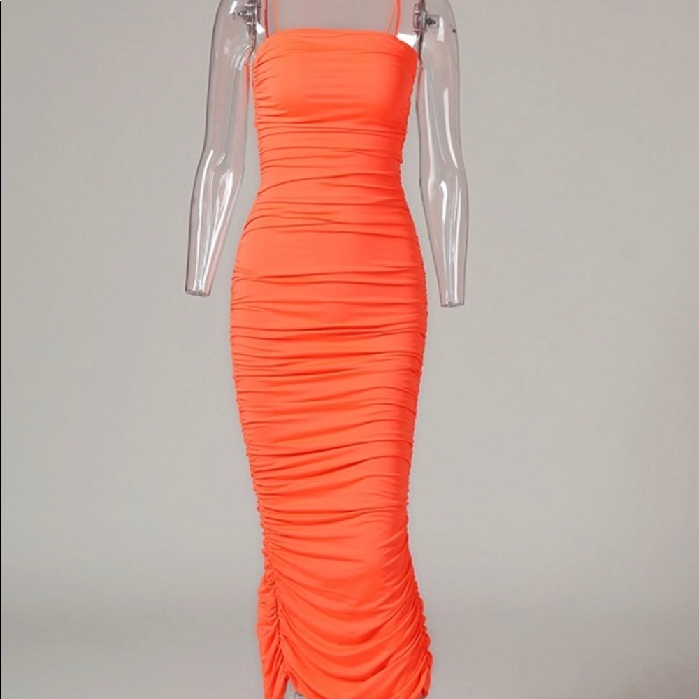 Neon orange scrunchie dress